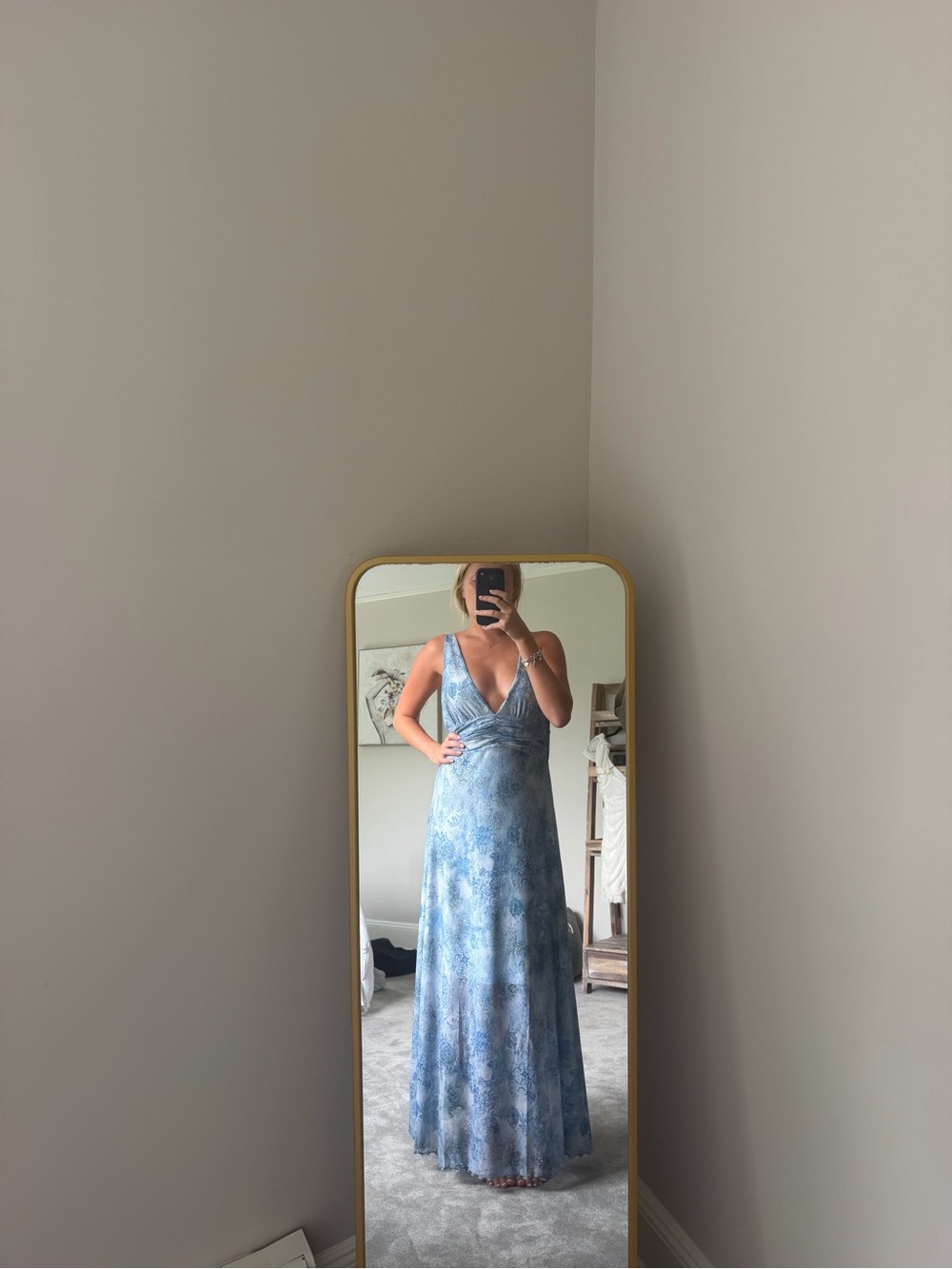 Blue Tie-Dye Maxi Dress with V-Neck